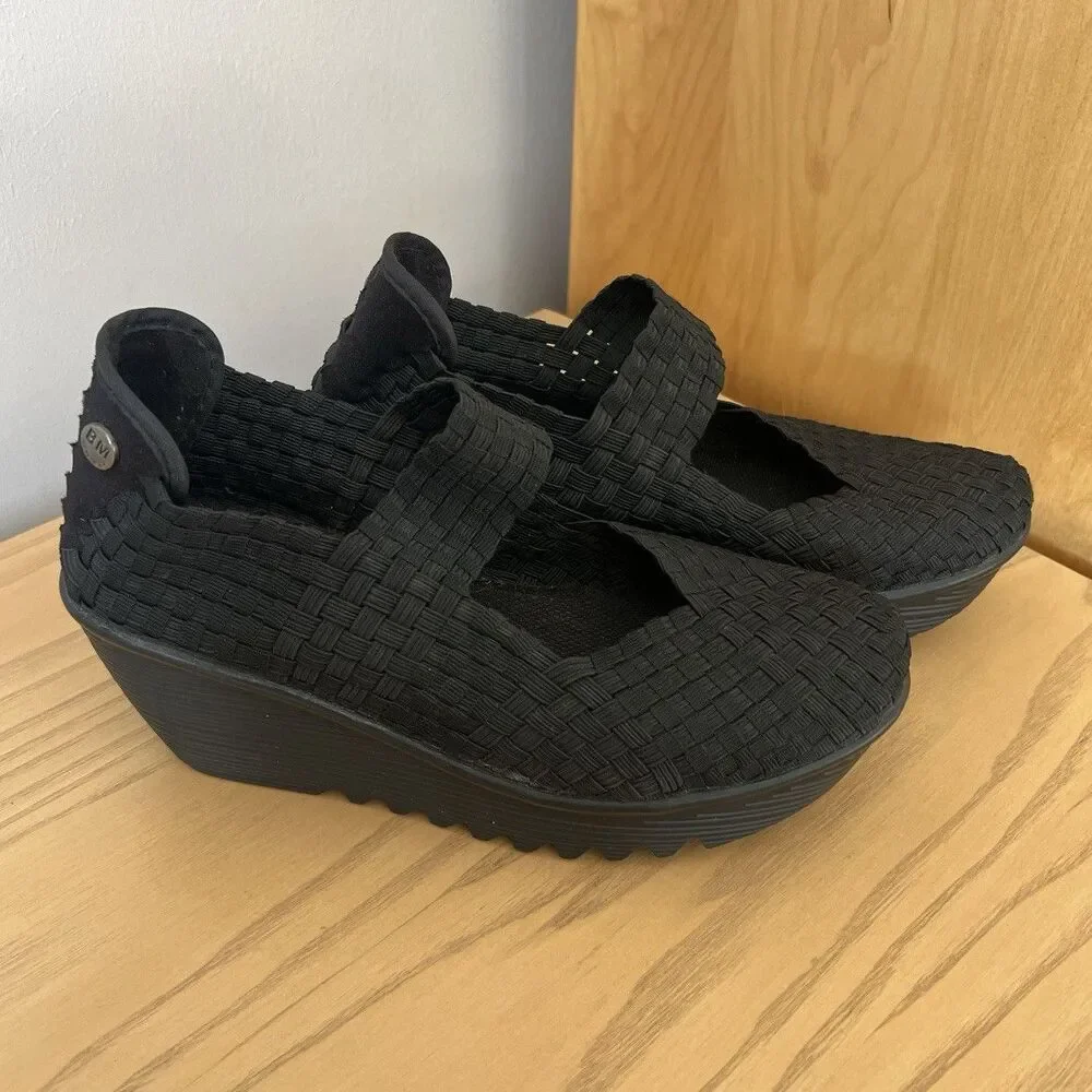 Bernie Mev Women's Black Woven Mary Jane Wedge Comfort Strap Slip-On 6